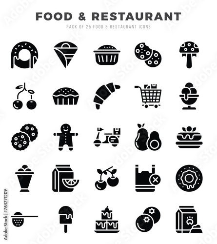 Food and Restaurant Icons Pack. Glyph icons set. Glyph icon collection set.