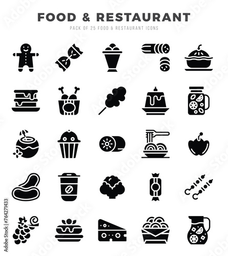 Set of simple Glyph Food and Restaurant Icons. Glyph art icons pack.