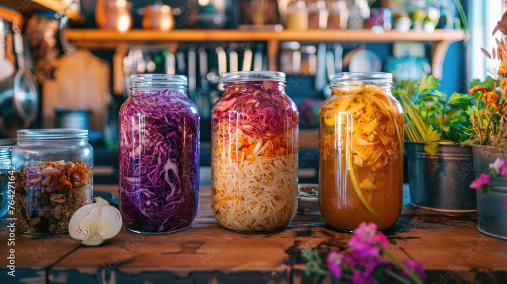 A kitchen scene showcasing the process of fermentation with jars of kombucha, sauerkraut, and other fermented foods as part of an eco-conscious lifestyle