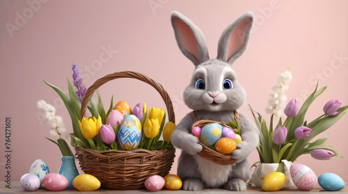 Easter Celebration: A Charming Bunny with Colorful Eggs and Spring Flowers © Sergey
