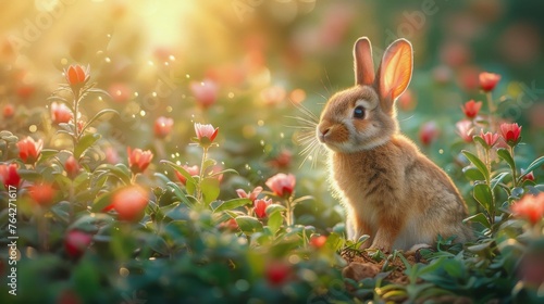 Rabbit Sitting in Field of Daisies
