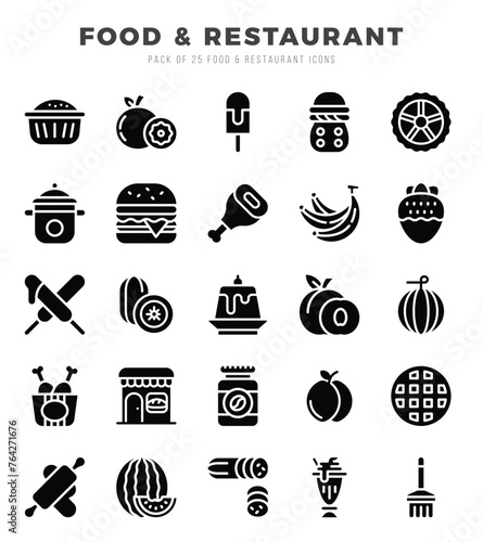 Food and Restaurant Glyph icons collection. 25 icon set. Vector illustration.
