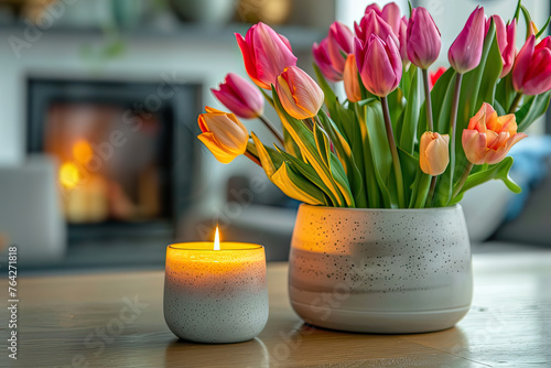 close-up of burning candle and tulips in living room #764271818