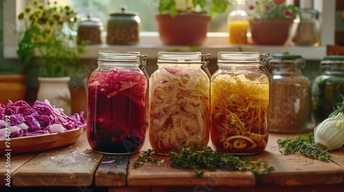 A kitchen scene showcasing the process of fermentation with jars of kombucha, sauerkraut, and other fermented foods as part of an eco-conscious lifestyle photo