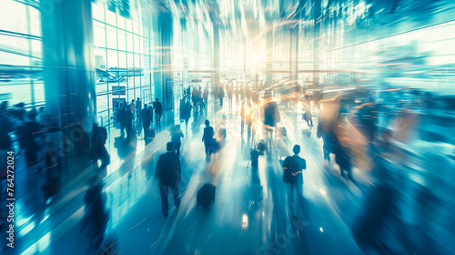 Traveling concept. Crowded modern airport terminal with travelers rushing to their gates. As business people, tourists, and families navigate through the terminal, images double exposure, blurred