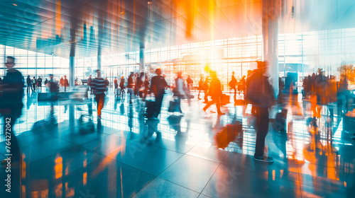 Traveling concept. Crowded modern airport terminal with travelers rushing to their gates. As business people, tourists, and families navigate through the terminal, images double exposure, blurred