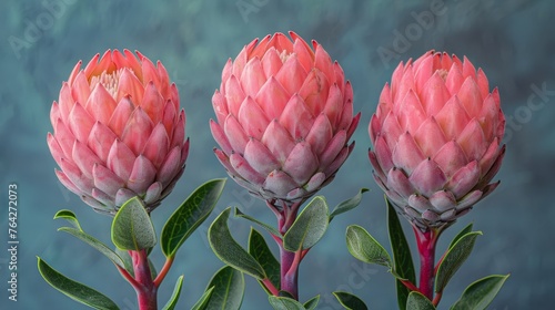 Three Pink Flowers With Green Leaves on Blue Background