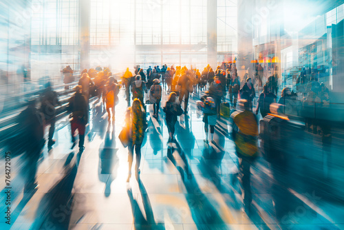 Traveling concept. Crowded modern airport terminal with travelers rushing to their gates. As business people, tourists, and families navigate through the terminal, images double exposure, blurred photo