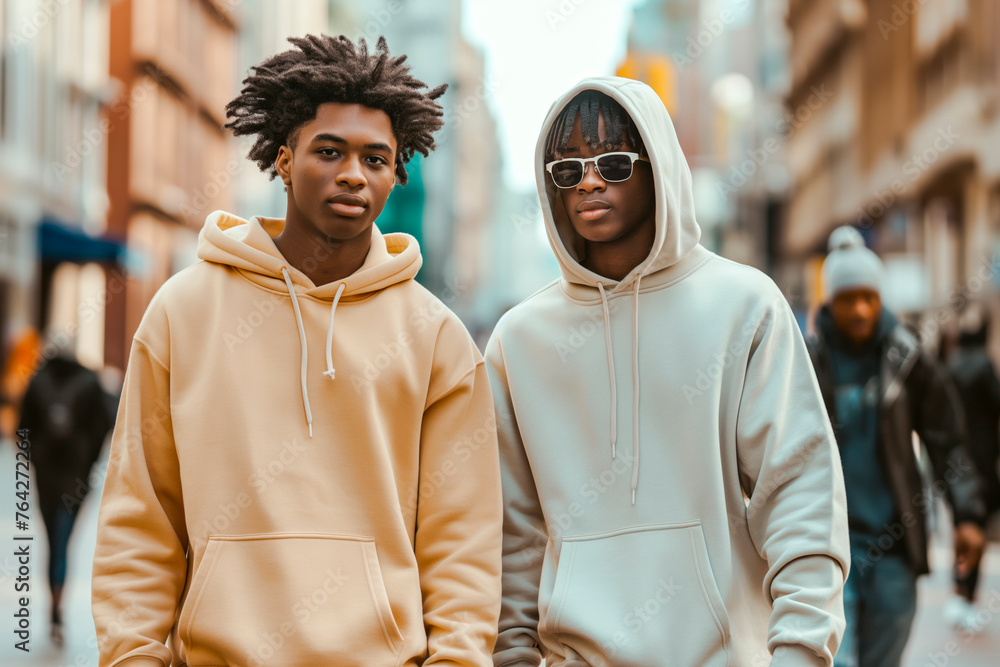 Two Afroamerican teenagers boys in blank hoodies walking in city street Two Afroamerican teenagers boys in blank hoodies walking in city street
