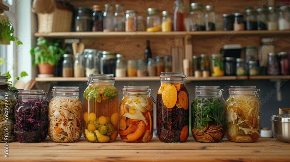 A kitchen scene showcasing the process of fermentation with jars of kombucha, sauerkraut, and other fermented foods as part of an eco-conscious lifestyle