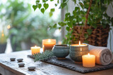 Cozy home spa setting with candles, towel, and green plants on a wooden table