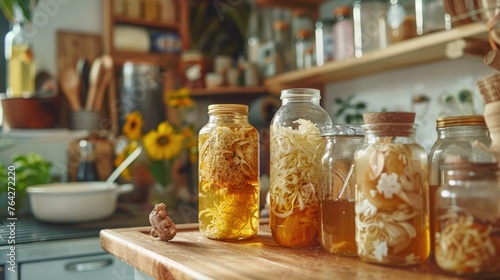 A kitchen scene showcasing the process of fermentation with jars of kombucha  sauerkraut  and other fermented foods as part of an eco-conscious lifestyle