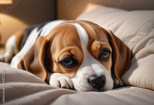 Beagle dog on bed © Anoottotle