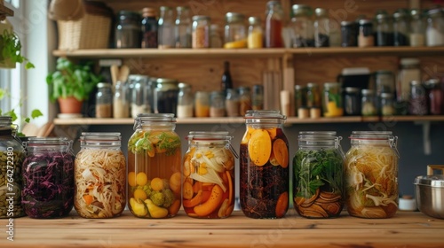 A kitchen scene showcasing the process of fermentation with jars of kombucha, sauerkraut, and other fermented foods as part of an eco-conscious lifestyle