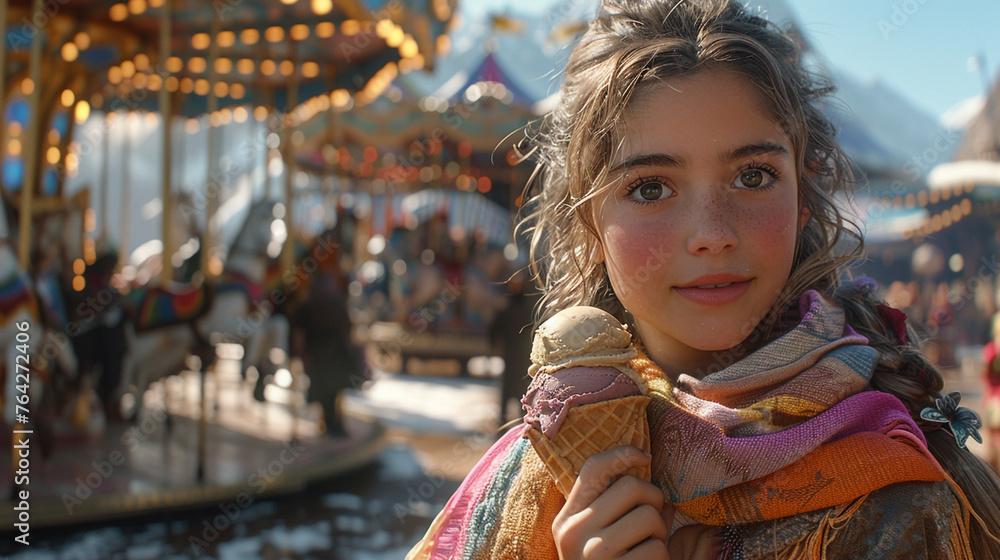  There's a carousel in the distance, and a girl with a multicoloured scarf around her neck is carrying an ice cream cone with several flavours piled high