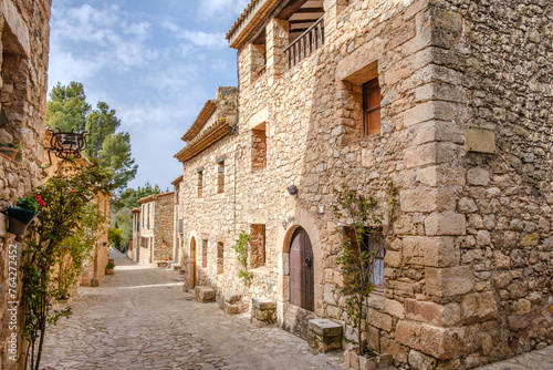 Streets and squares of Siurana  with its rock houses on top of a hill  tourist village of Tarragona  Spain.