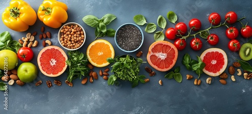Commercial healthy food scene with citrus fruits, berries, almonds, and greens, artistically arranged on a slate background, highlighting freshness and vitality