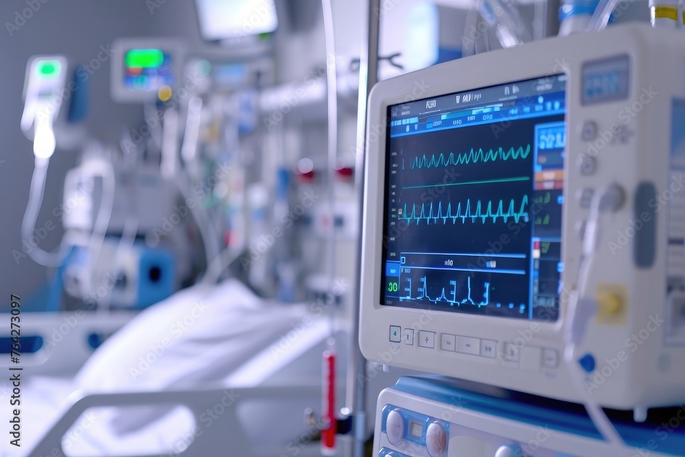 Fototapeta premium A hospital room featuring various medical equipment and monitors used for patient care and monitoring, Wireless patient monitoring system in a hospital ward, AI Generated