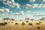 A group of zebras and wildebeests peacefully grazing together in a field, Wide savannah with roaming wild animals, AI Generated