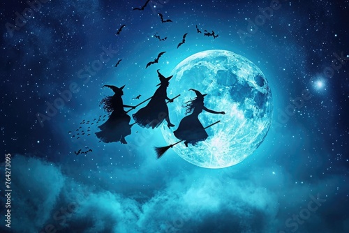 Three witches soar through the night sky against a backdrop of a full moon, creating a mystical and enchanting scene, Witches flying in the sky on their broomsticks against a full moon, AI Generated photo