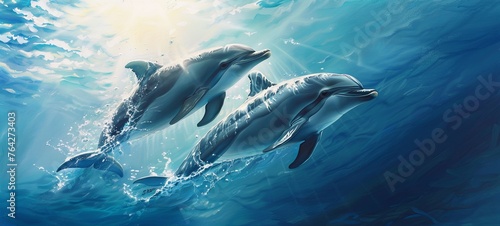 Close-up of a pair of dolphins. bright sun. above the water. generative ai