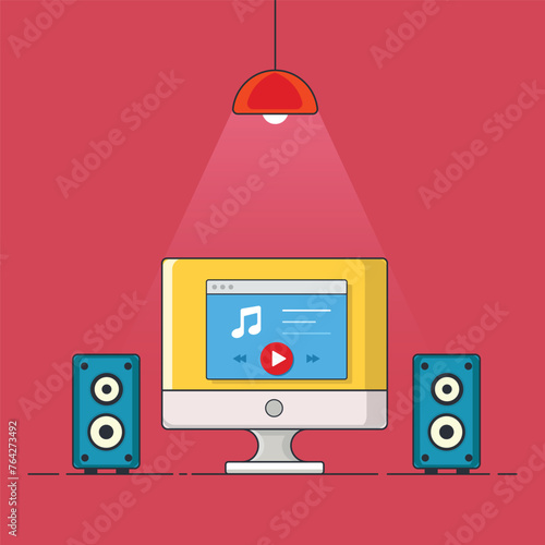 Flat design vector illustration of modern office interior with designer desktop showing design application with interface icons and elements in minimalistic outline style