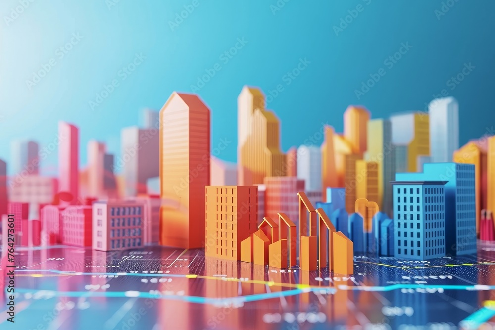 Modern Cityscape With Architectural Lines and Buildings, A 3D graph of changing real estate investments values over time, AI Generated