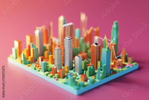 Model City on Pink Background  A 3D graph of investment values in different industries  AI Generated