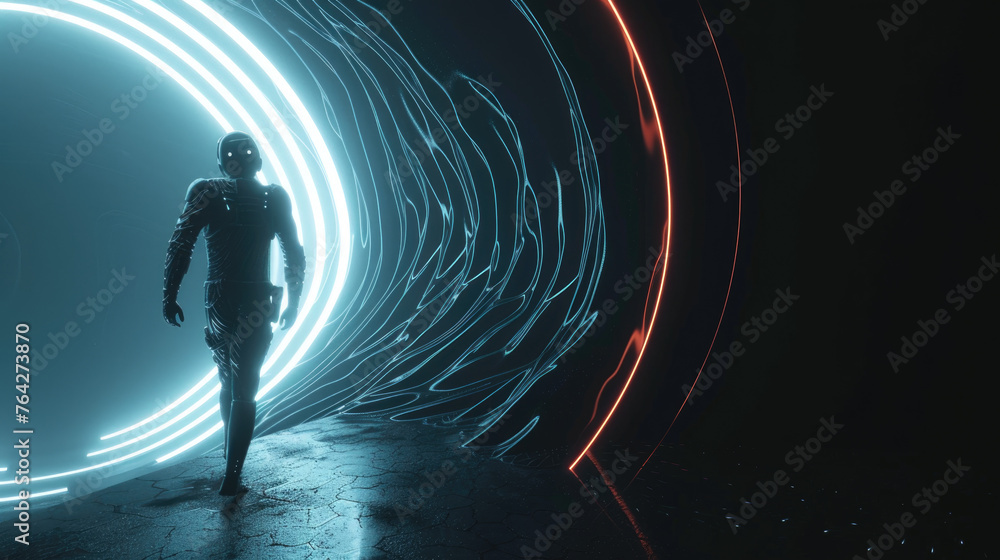 custom made wallpaper toronto digitalPerson in futuristic suit walks to spatial portal on abstract dark background. Man is near glowing circle at night. Concept of travel, sci-fi, space, people, future