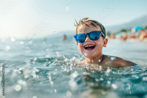 Joyful Child Laughing and Splashing in the Sea, Summer Vacation Fun Captured in Sunlight.