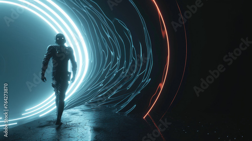 Person in futuristic suit walks to spatial portal on abstract dark background. Man is near glowing circle at night. Concept of travel, sci-fi, space, people, future
