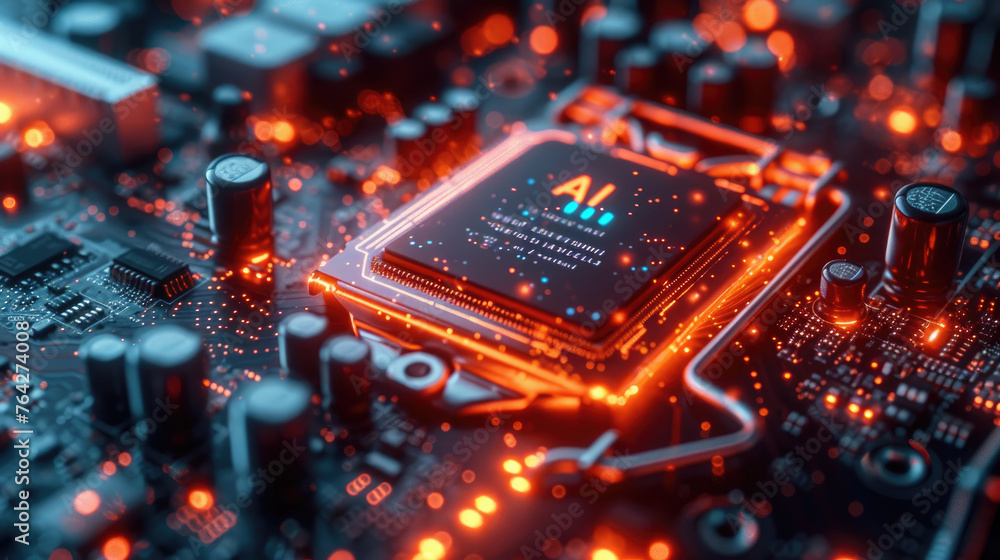 Hot AI processor on computer circuit board, main chip of artificial intelligence machine. Concept of microchip, technology, cpu, energy, data, light, semiconductor - obrazy, fototapety, plakaty 