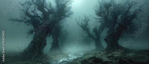 Dark strange spooky forest, scary fairy tale woods at night, landscape with fog, dry trees and mystic light. Concept of fantasy, horror, haunted enchanted nature, mist