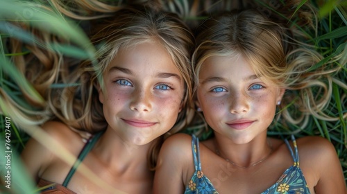 Two Young Girls Laying in Grass