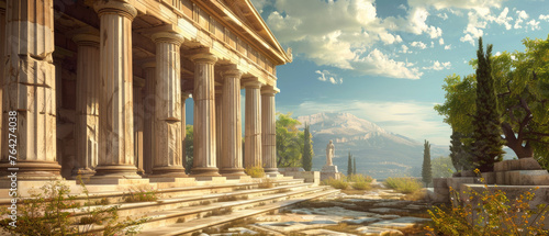 Ancient Greek temple in sunlight on sky background, landscape with old building in summer. Concept of Greece, antique, civilization, travel.