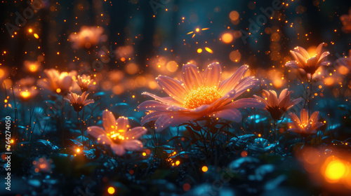 Glowing flowers in fairy tale forest at night  beautiful luminous plants and lights in magical woods. Concept of wonderland  fantasy  ancient nature  background 