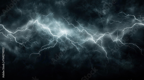 Lightning in storm at night, electric flash of thunder on dark dramatic sky background. Concept of thunderbolt, thunderstorm, strike, bolt, light, charge