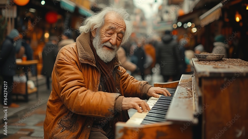 Poor man plays piano on the street, his melodies weaving through the bustling city, evoking empathy and a sense of shared humanity Poor man plays piano on the street, his melodies weaving through the bustling city, evoking empathy and a sense of shared humanity