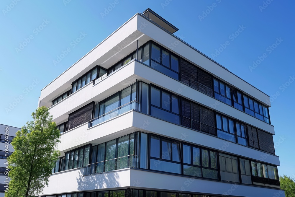 A large white building featuring a multitude of windows, providing ample natural light to the interior, A Bauhaus style building with minimalistic designs, AI Generated A large white building featuring a multitude of windows, providing ample natural light to the interior, A Bauhaus style building with minimalistic designs, AI Generated