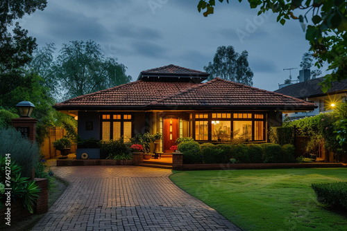An evening view of a Craftsman house with a tiled roof and a brick-lined driveway © UMR