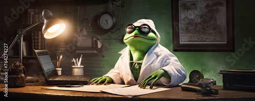 A doctor frog working on the laptop in office photo