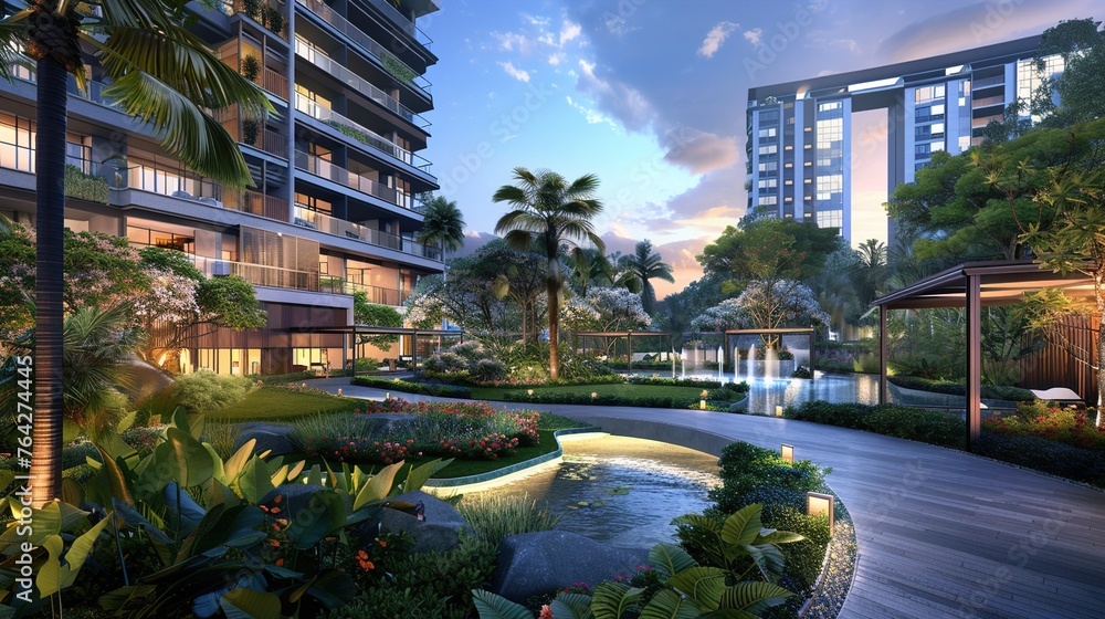 A high-end residential complex showcasing contemporary architecture, lush landscaping, and premium amenities that redefine luxury living in an urban setting. - obrazy, fototapety, plakaty 