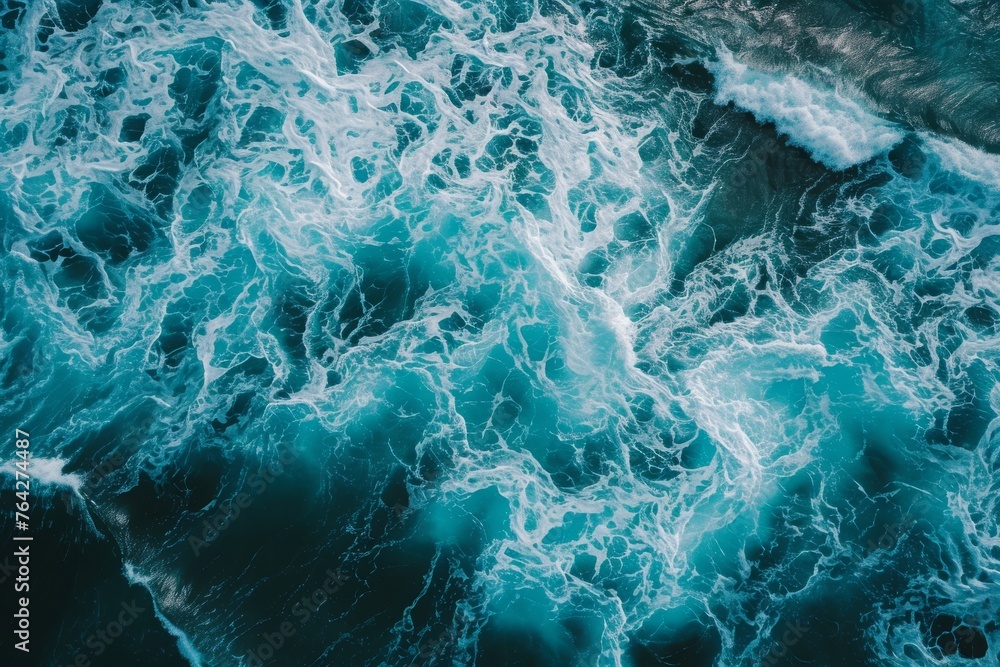 An aerial photograph showcasing a sprawling body of water, providing a unique perspective from above, A birds-eye view of rhythmic pattern of ocean waves, AI Generated An aerial photograph showcasing a sprawling body of water, providing a unique perspective from above, A birds-eye view of rhythmic pattern of ocean waves, AI Generated