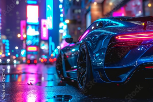 A blue sports car sits parked on a busy city street, surrounded by tall buildings and bustling pedestrian activity, A blue sports car with chrome accents under city neon lights, AI Generated © Ifti Digital