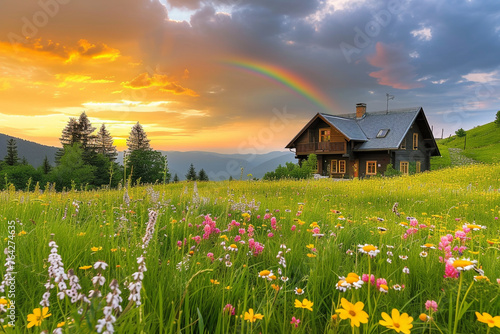 Craftsman house at dawn in a wildflower meadow with a rainbow in the sky