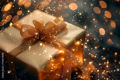 A photo of a gift box adorned with a beautiful bow, ready for a special occasion or celebration, A box with gift ribbons and sparkles, AI Generated