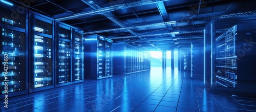 A room filled with multiple rows of servers, showcasing advanced technology and data storage equipment