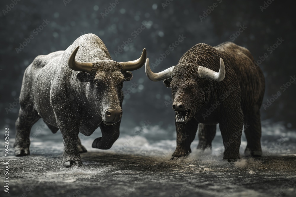 Naklejka premium Two bison standing side by side in the rain, A bull and a bear representing the stock market trends, AI Generated