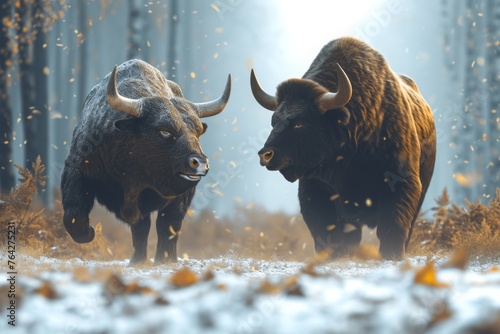 Two bison standing close to each other in the forest, showcasing their powerful presence and natural behavior, A bull and a bear representing the stock market trends, AI Generated photo