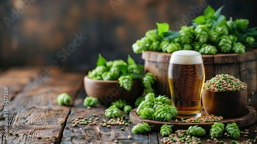 Bag of Green Hops With Glass of Beer